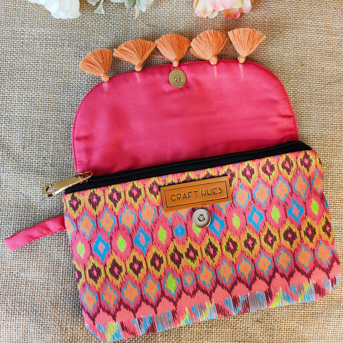 Peach-Pink Mughal Bel Tassel Wallet Combo