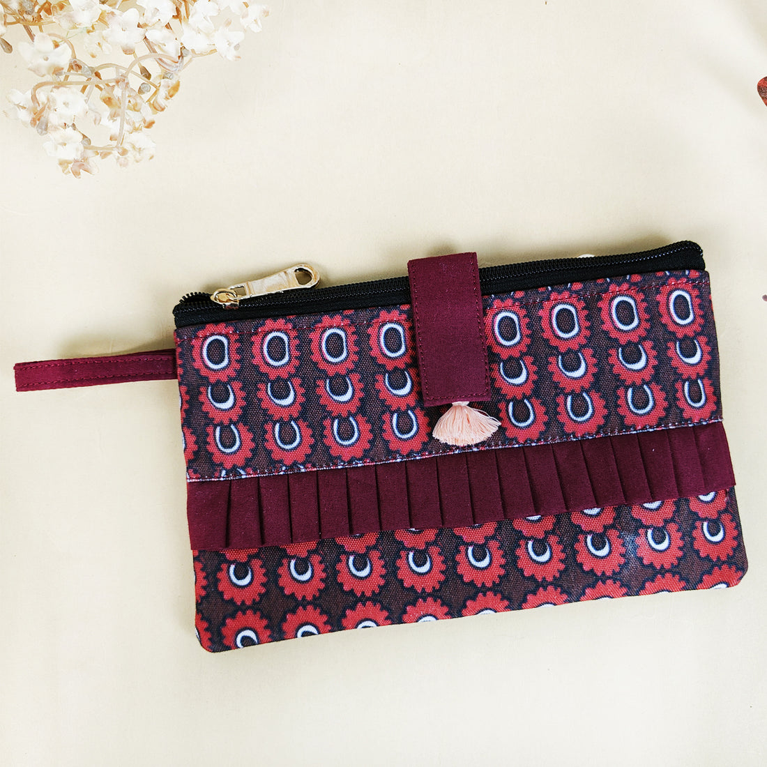 Pleated wallet coin pouch combo-kalamkari maroon