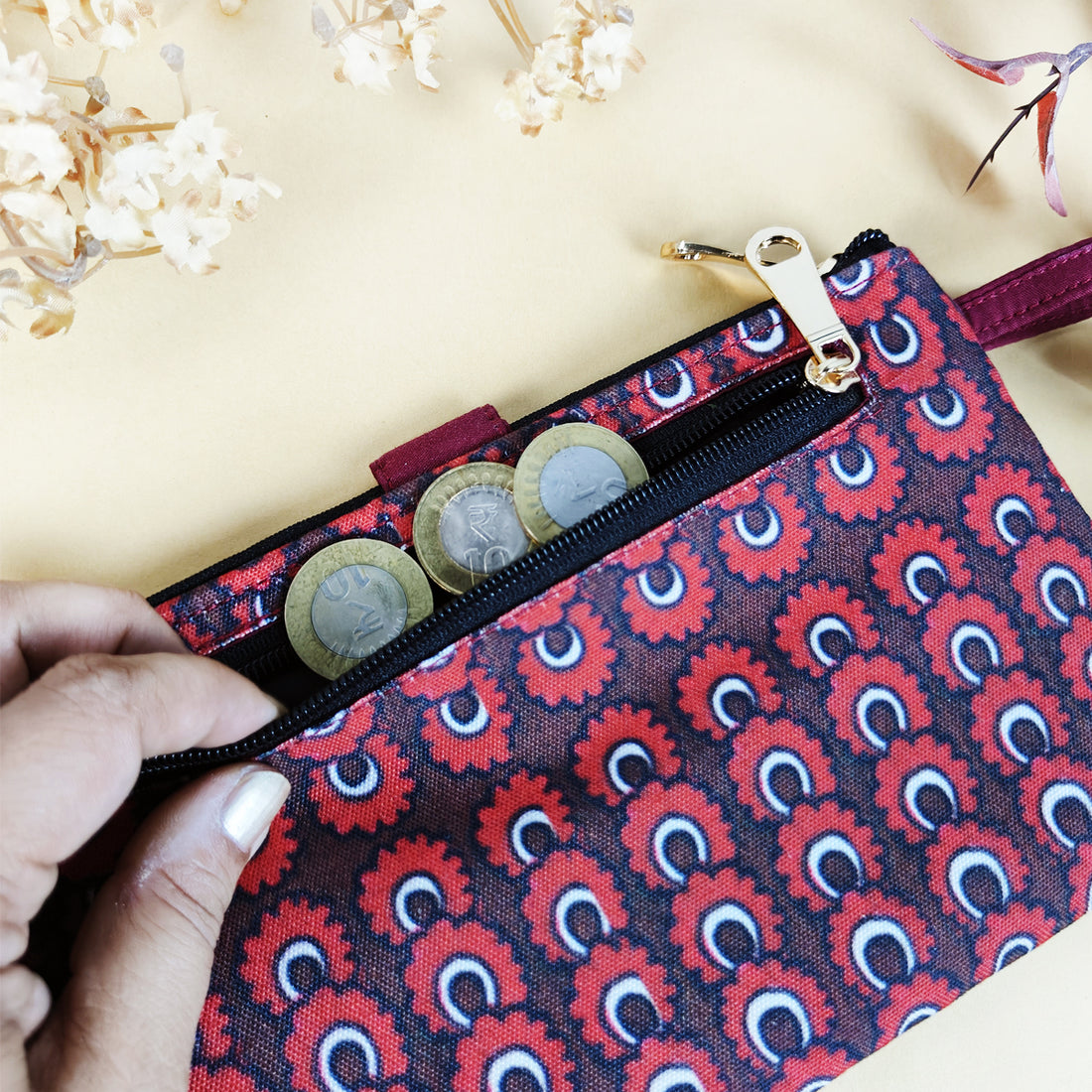 Pleated wallet coin pouch combo-kalamkari maroon