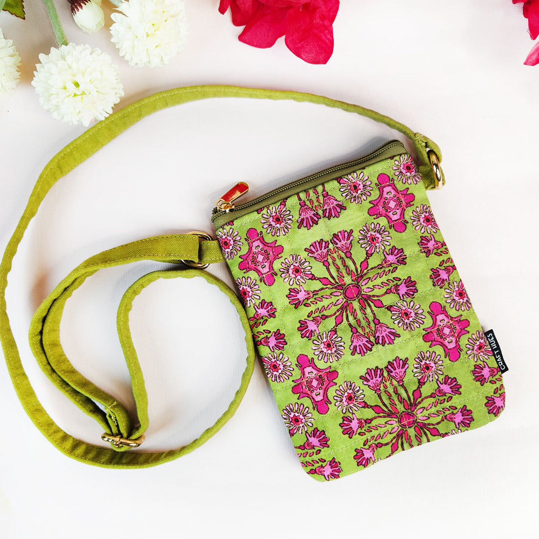 Quilted Mobile Sling-Green Pink Tile