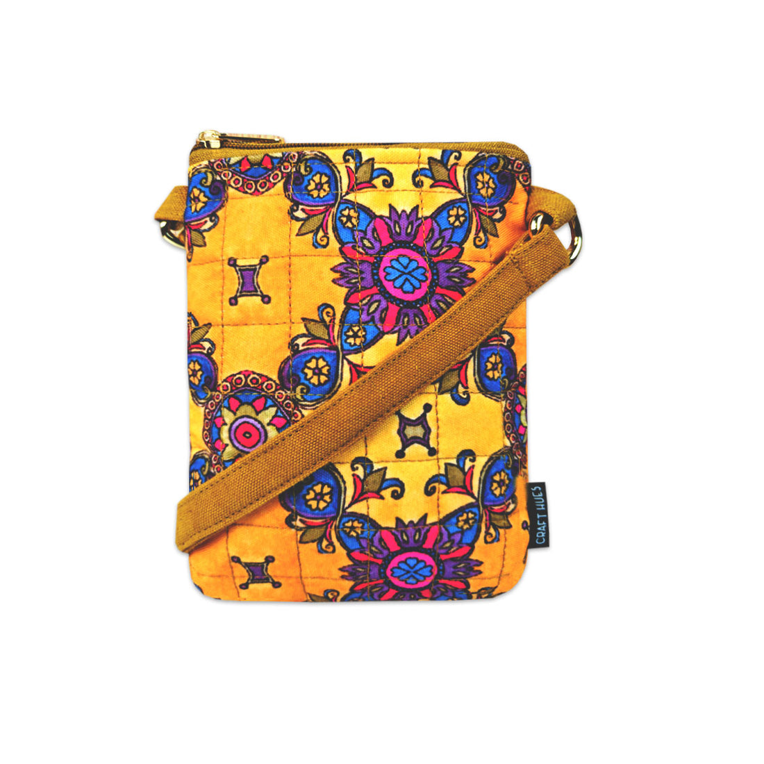 Quilted Mobile Sling-Mustard Pink Floral Tile