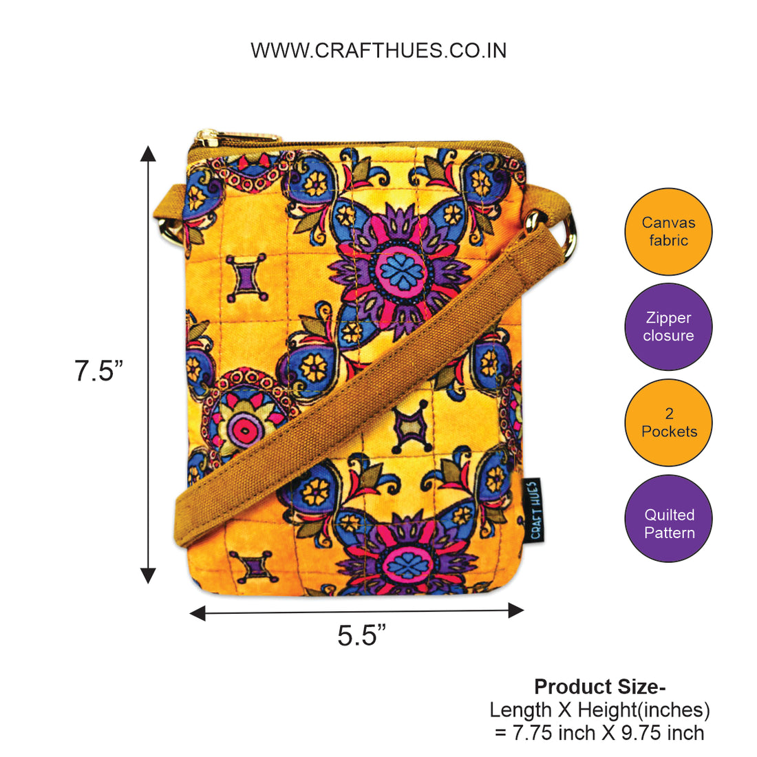 Quilted Mobile Sling-Mustard Pink Floral Tile