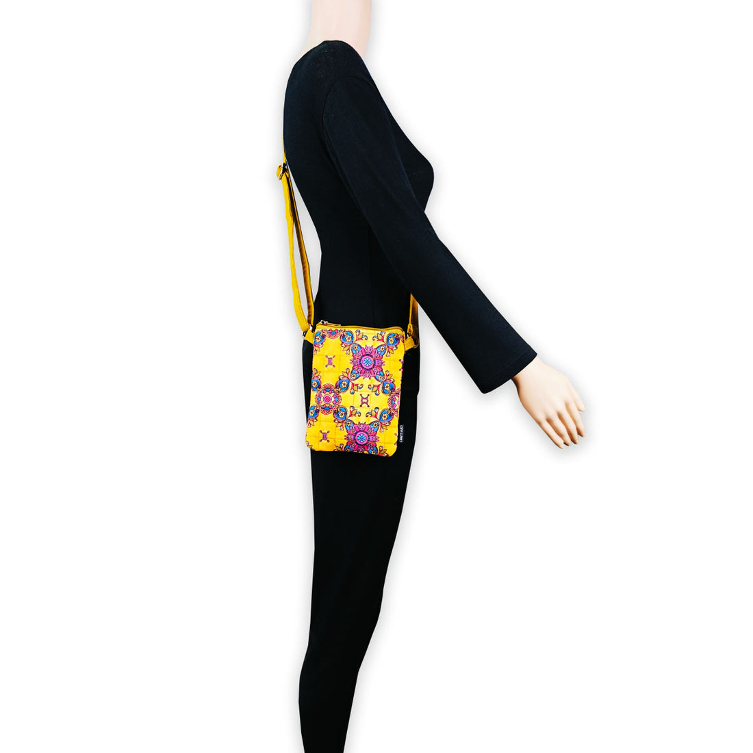 Quilted Mobile Sling-Mustard Pink Floral Tile