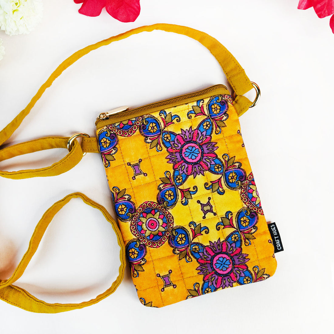 Quilted Mobile Sling-Mustard Pink Floral Tile