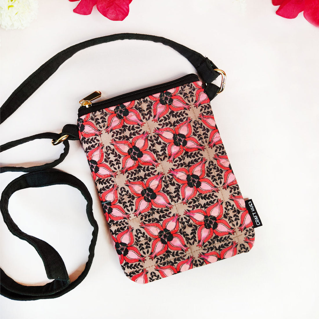 Quilted Mobile Sling- Black Maroon Floral