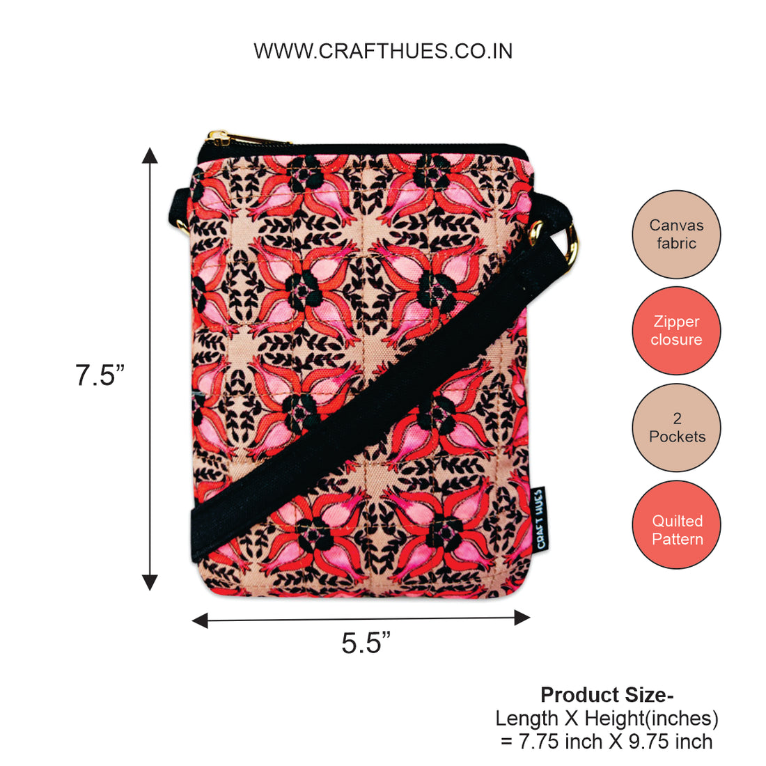 Quilted Mobile Sling- Black Maroon Floral