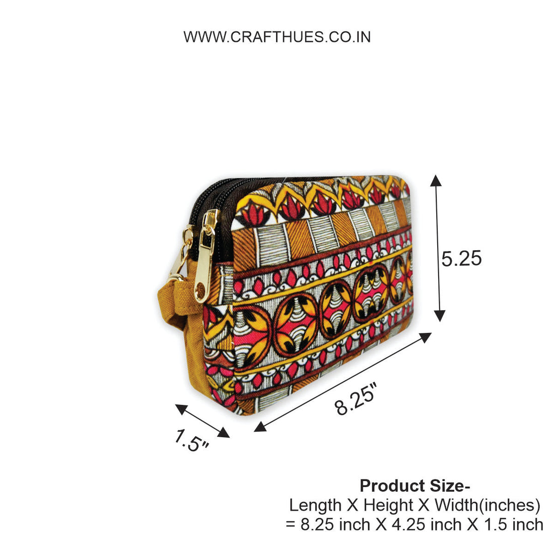 Dual Compartment Sling Bag- Mustard Madhubani Border