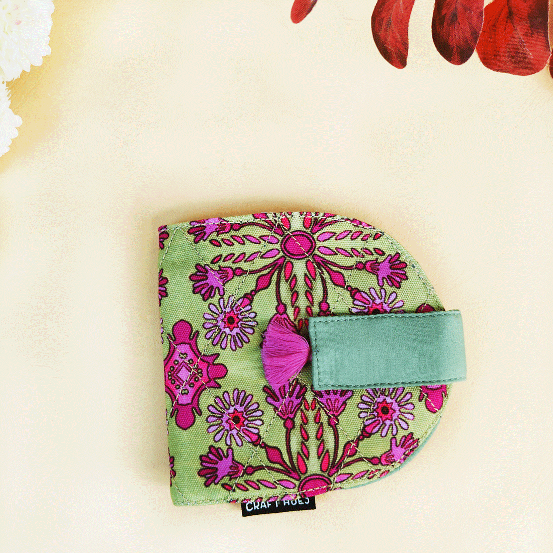 SEMI-OVAL 2-FLAP WALLET- GREEN-PINK TILES