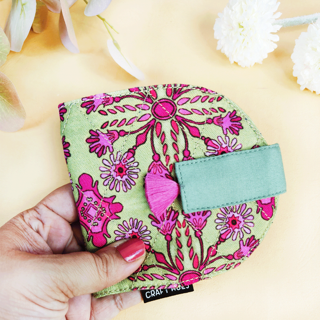 SEMI-OVAL 2-FLAP WALLET- GREEN-PINK TILES