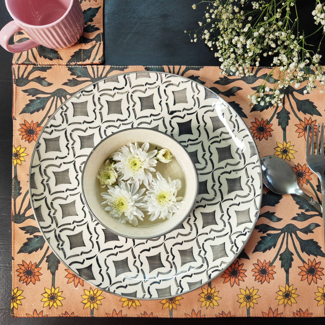 Table Mat-Coaster Set-Beige Garden