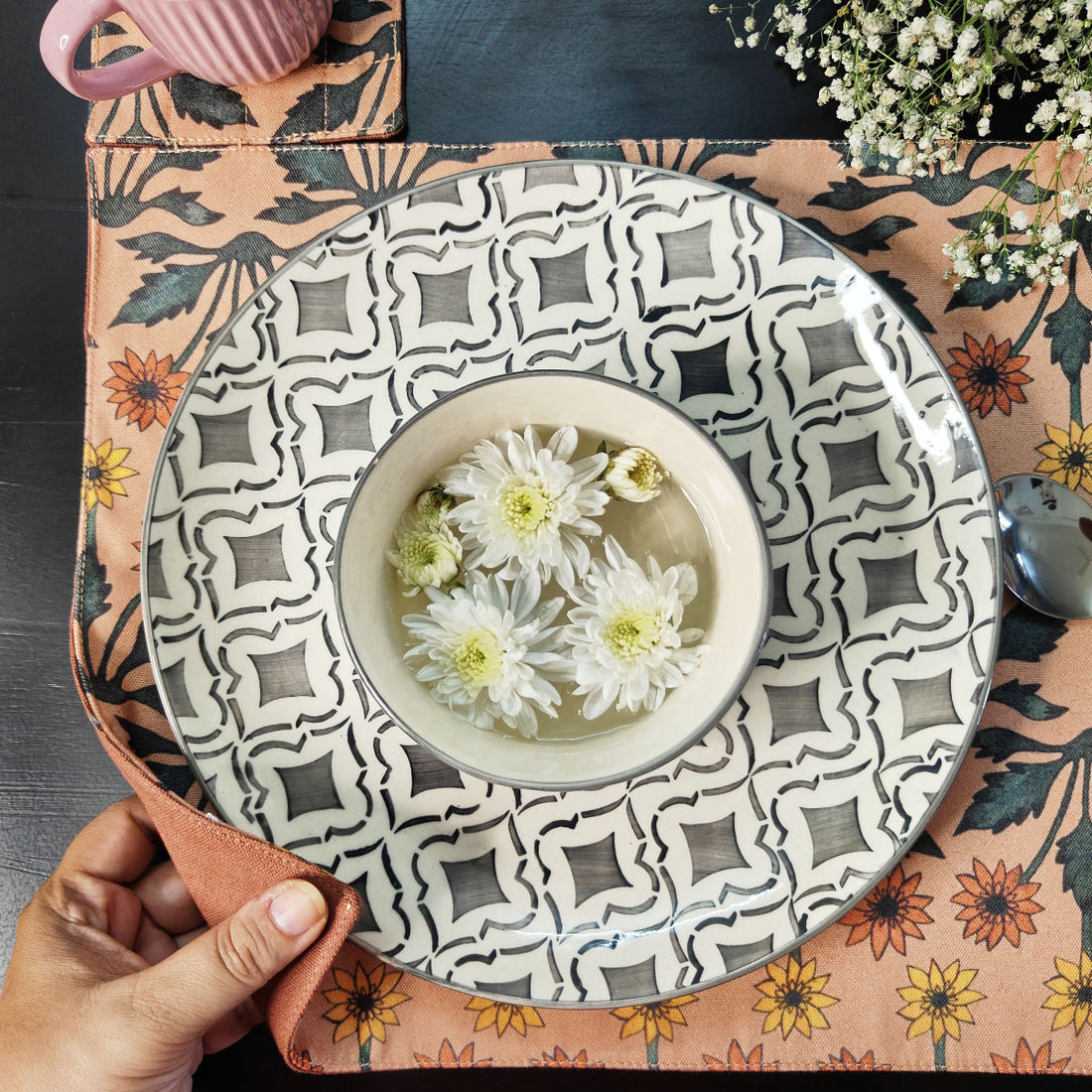 Table Mat-Coaster Set-Beige Garden