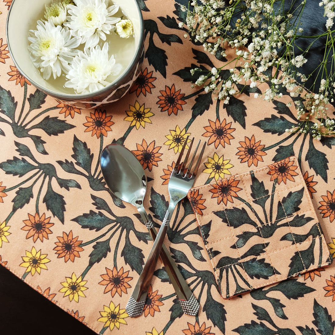 Table Mat-Coaster Set-Beige Garden