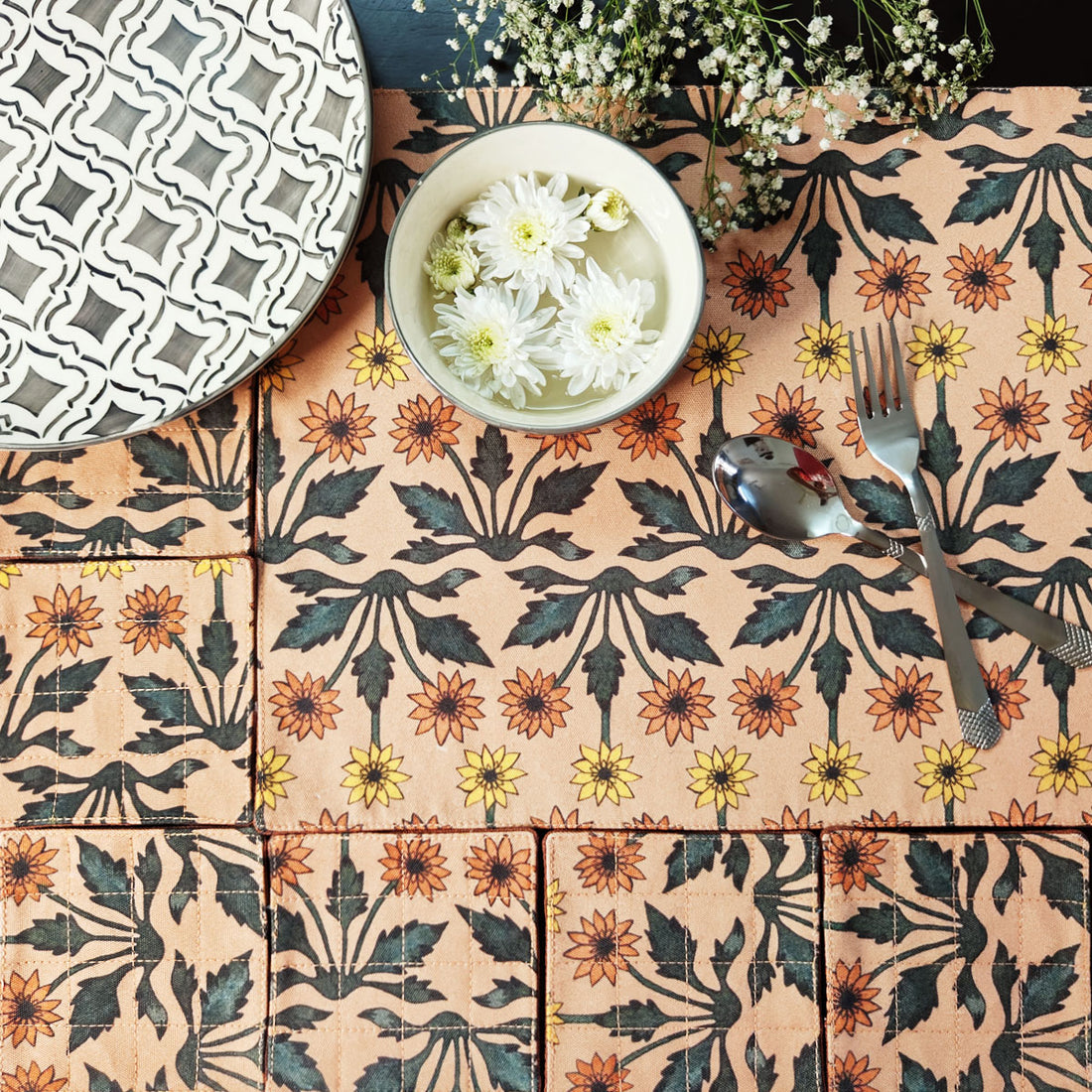 Table Mat-Coaster Set-Beige Garden