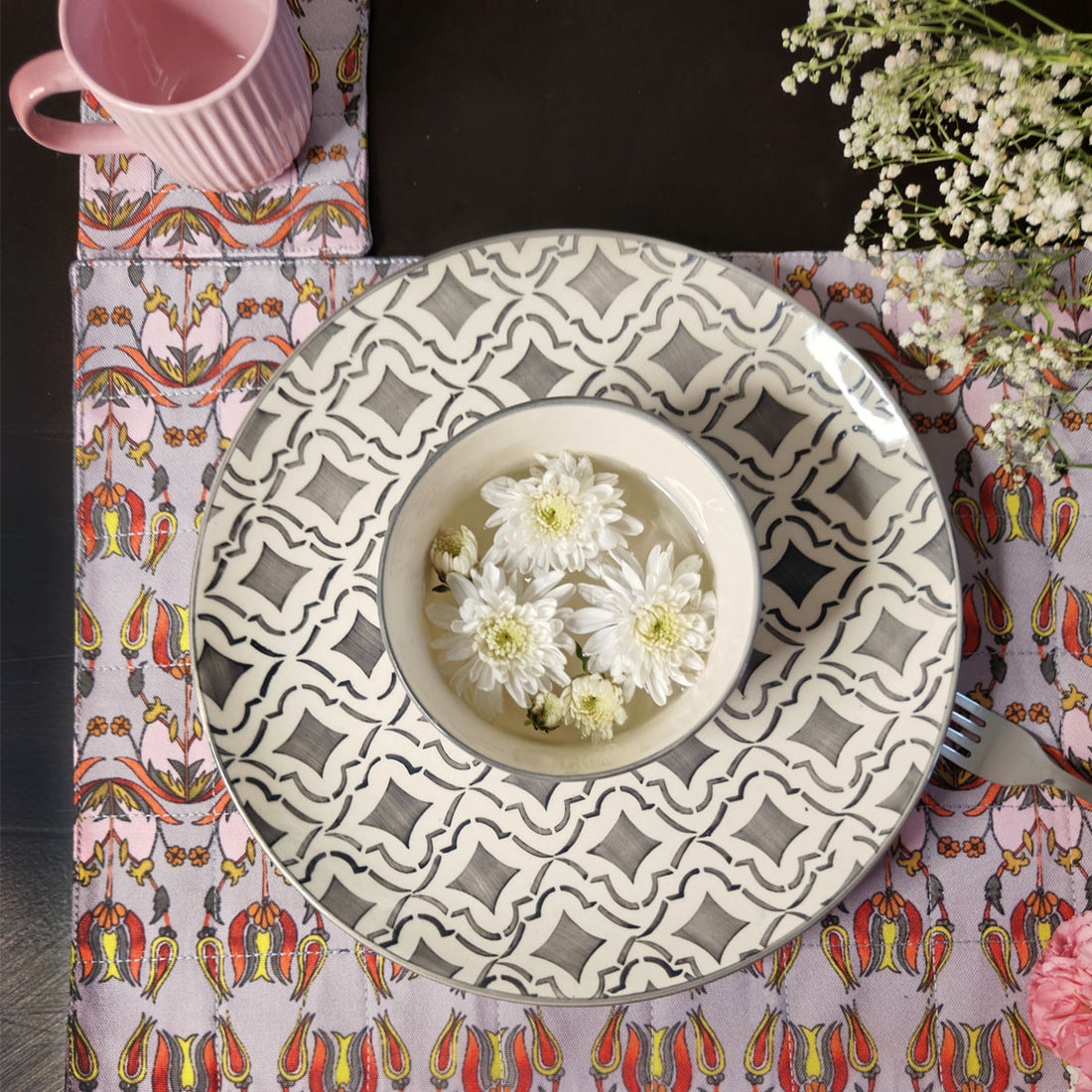 Table Mat-Coaster Set-Grey Persian