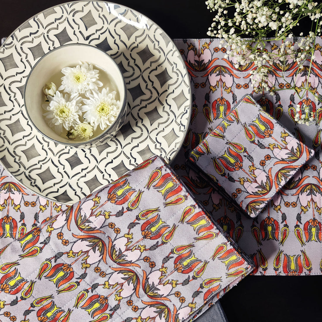 Table Mat-Coaster Set-Grey Persian