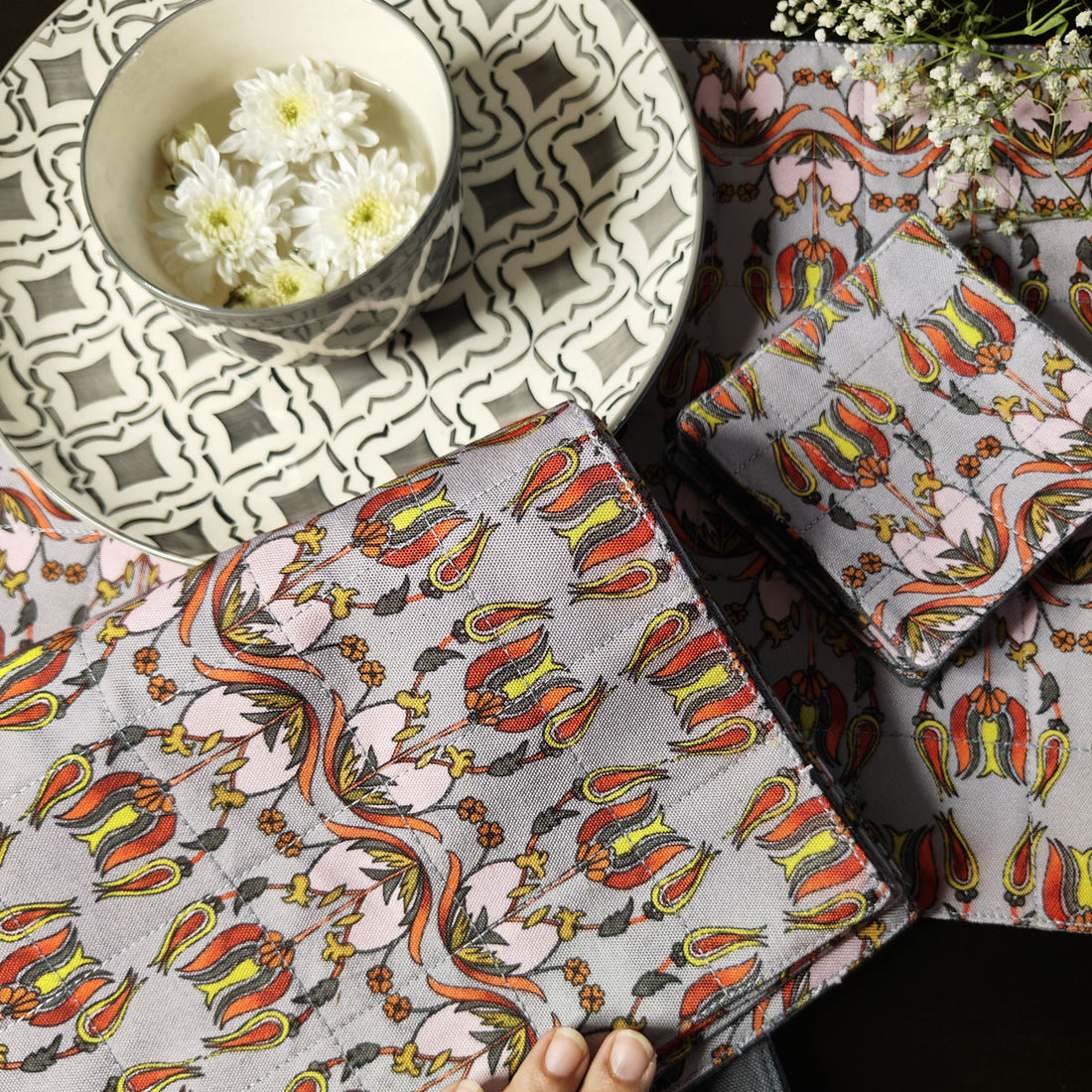 Table Mat-Coaster Set-Grey Persian