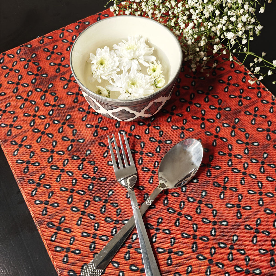 Table Mat-Coaster Set-Maroon Black Petals