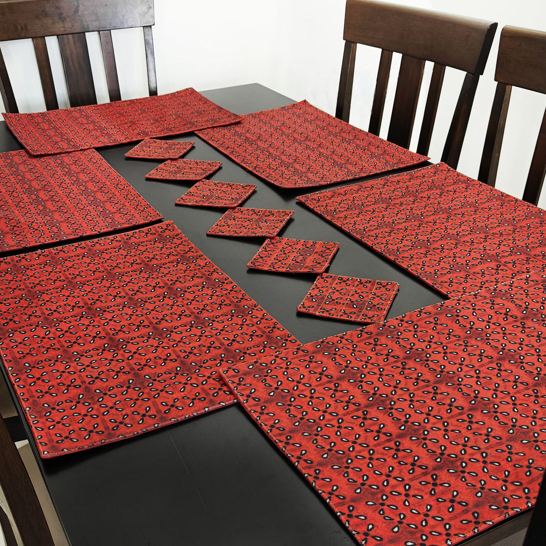 Table Mat-Coaster Set-Maroon Black Petals