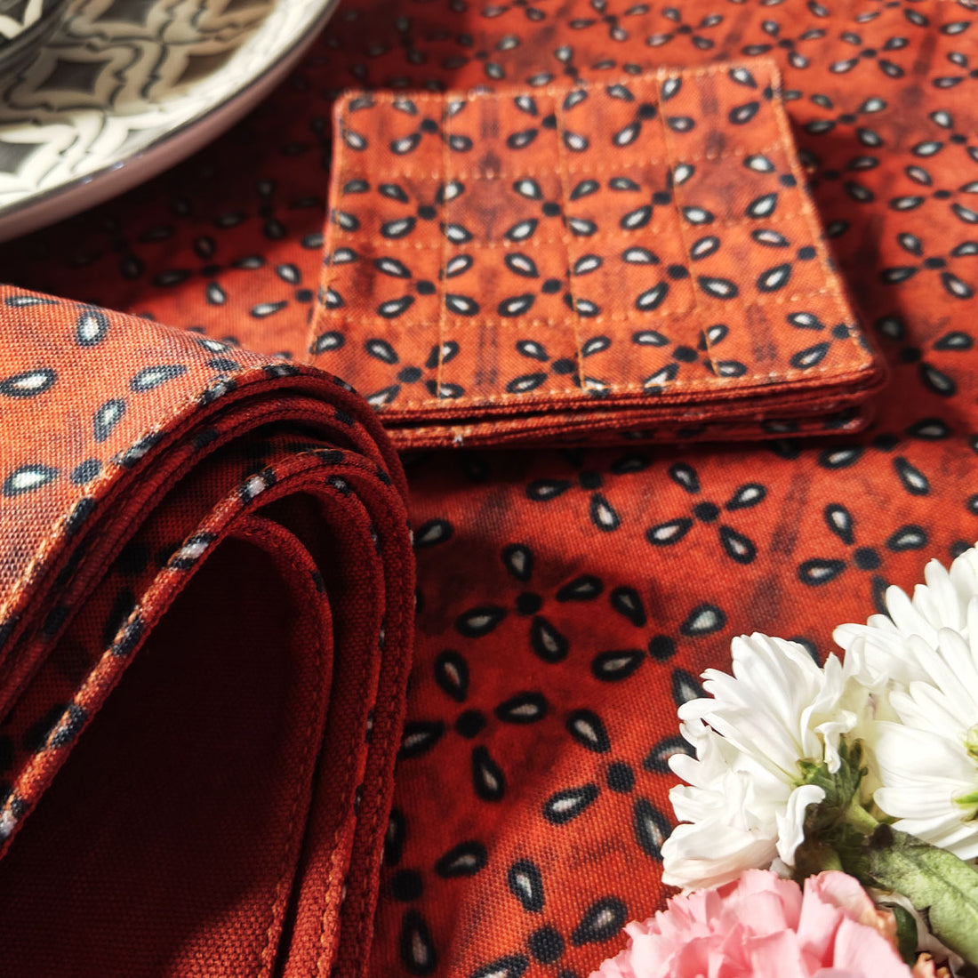Table Mat-Coaster Set-Maroon Black Petals