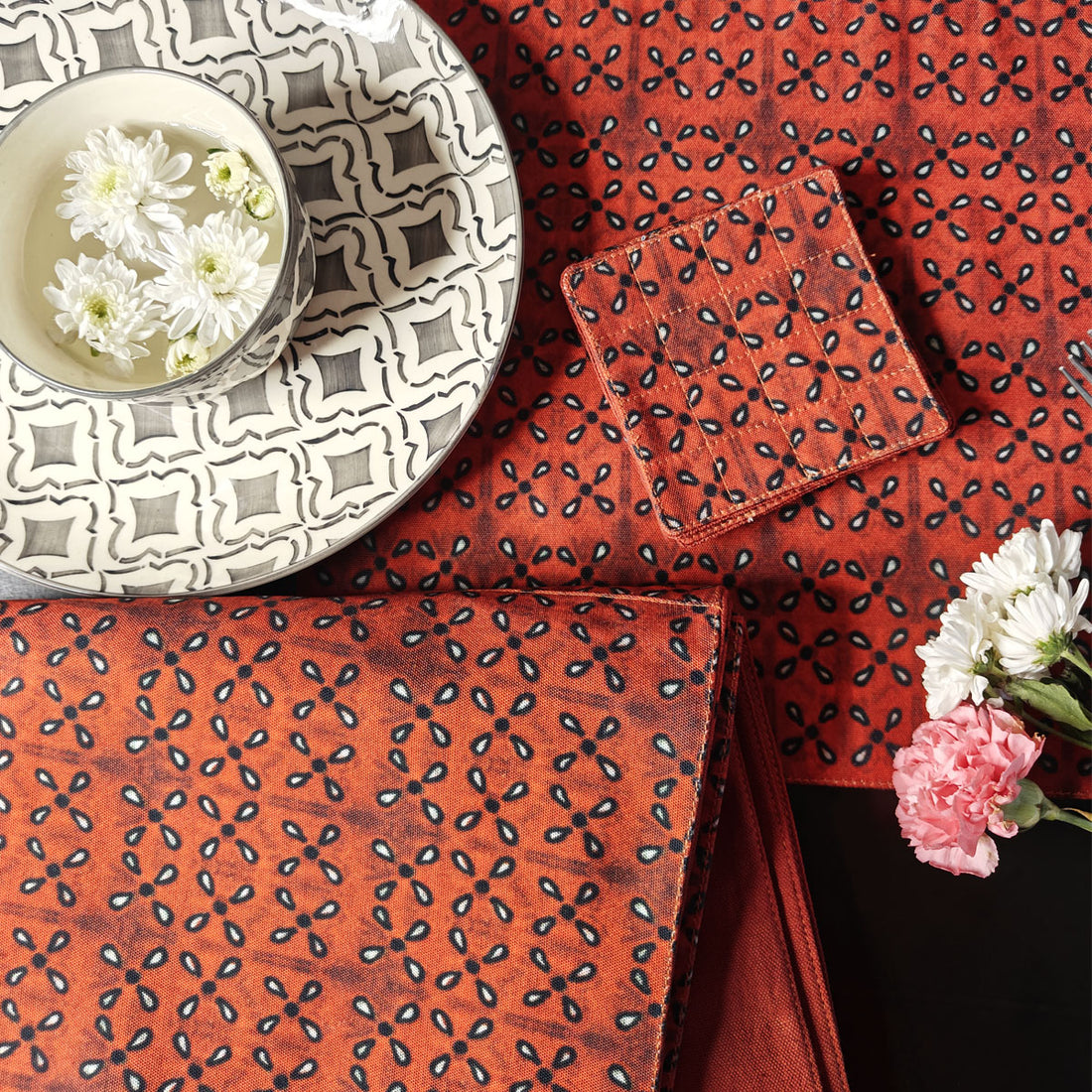 Table Mat-Coaster Set-Maroon Black Petals
