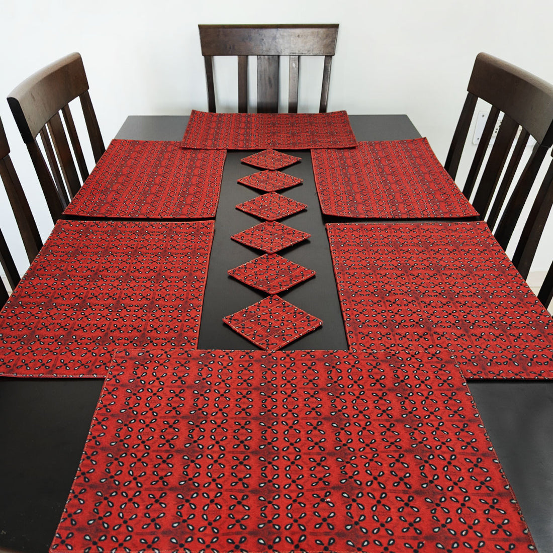 Table Mat-Coaster Set-Maroon Black Petals