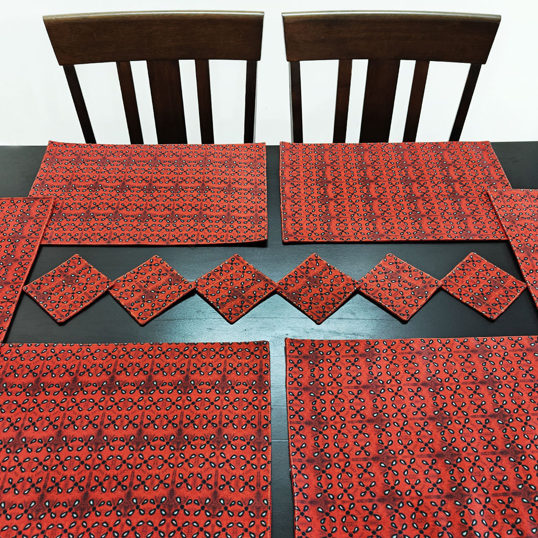 Table Mat-Coaster Set-Maroon Black Petals