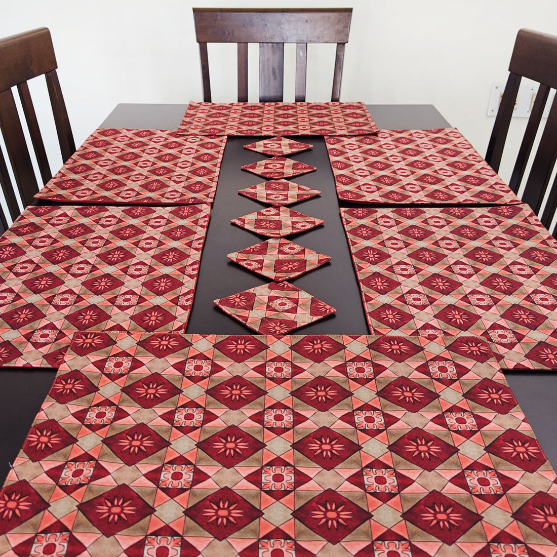 Table Mat-Coaster Set-Maroon Peach Tiles