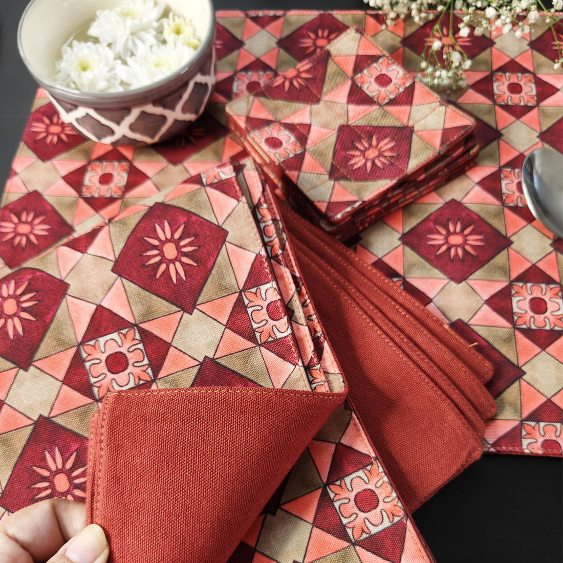 Table Mat-Coaster Set-Maroon Peach Tiles