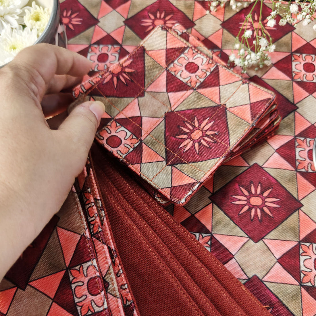 Table Mat-Coaster Set-Maroon Peach Tiles