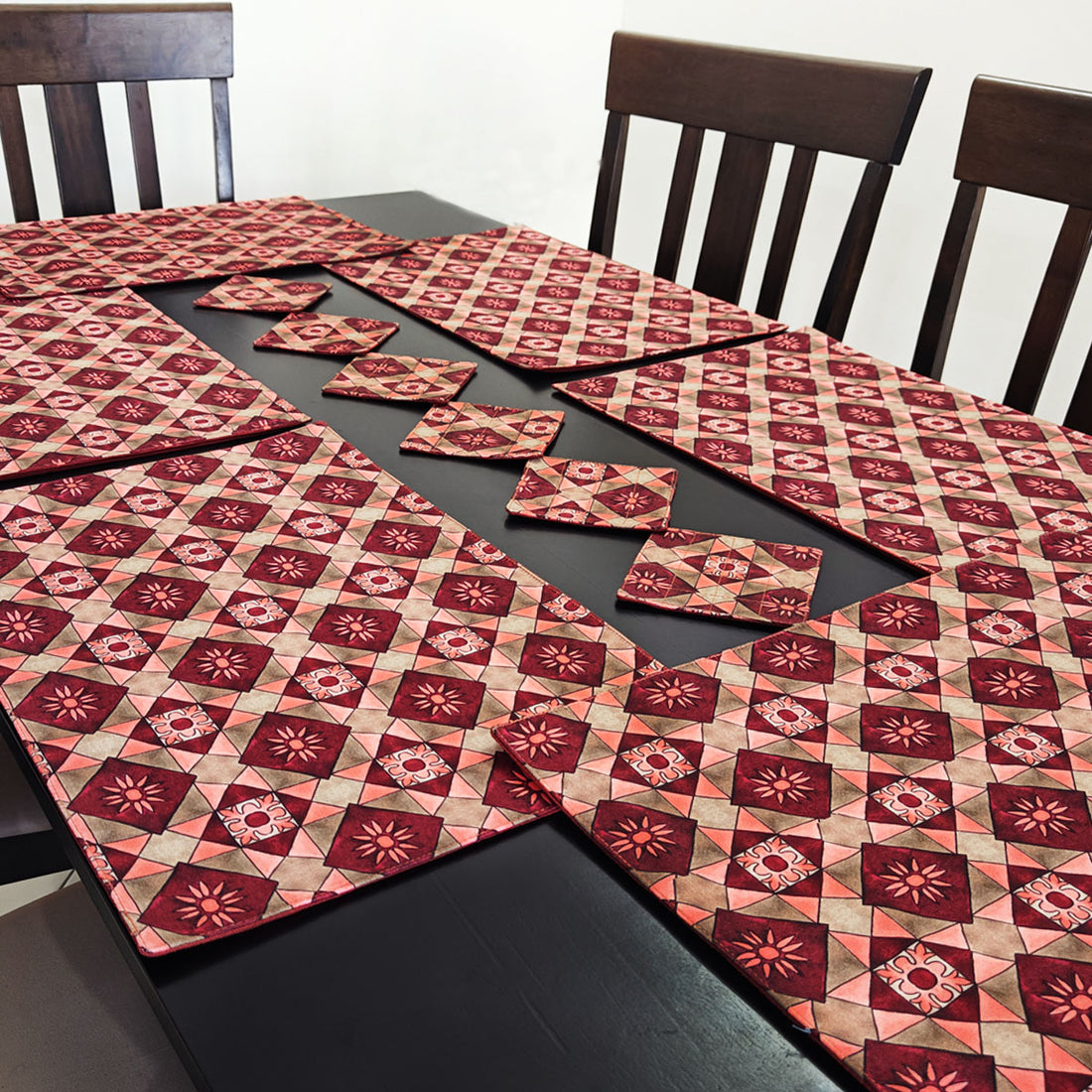 Table Mat-Coaster Set-Maroon Peach Tiles