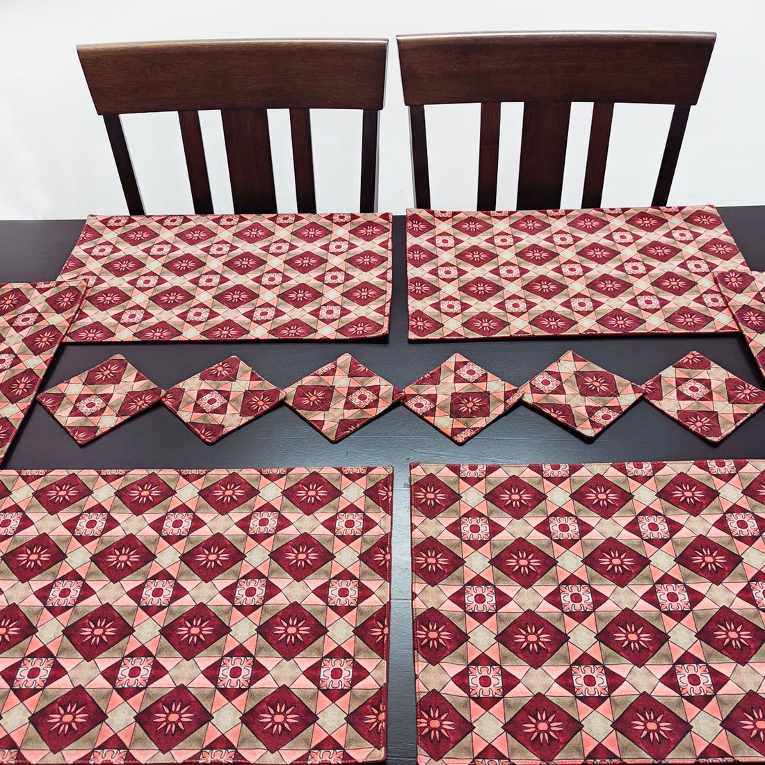 Table Mat-Coaster Set-Maroon Peach Tiles