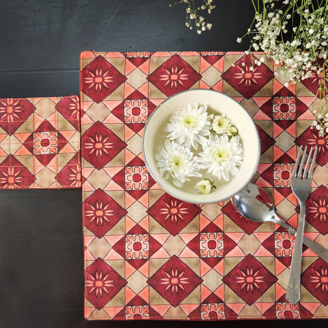 Table Mat-Coaster Set-Maroon Peach Tiles
