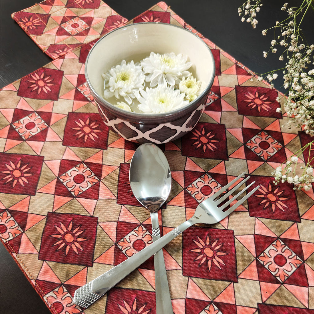 Table Mat-Coaster Set-Maroon Peach Tiles