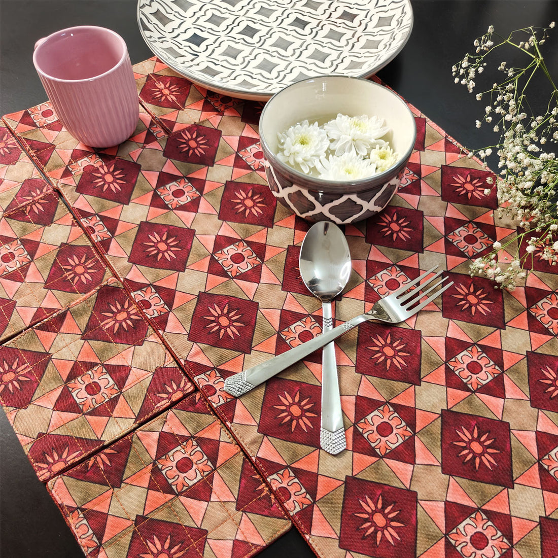 Table Mat-Coaster Set-Maroon Peach Tiles