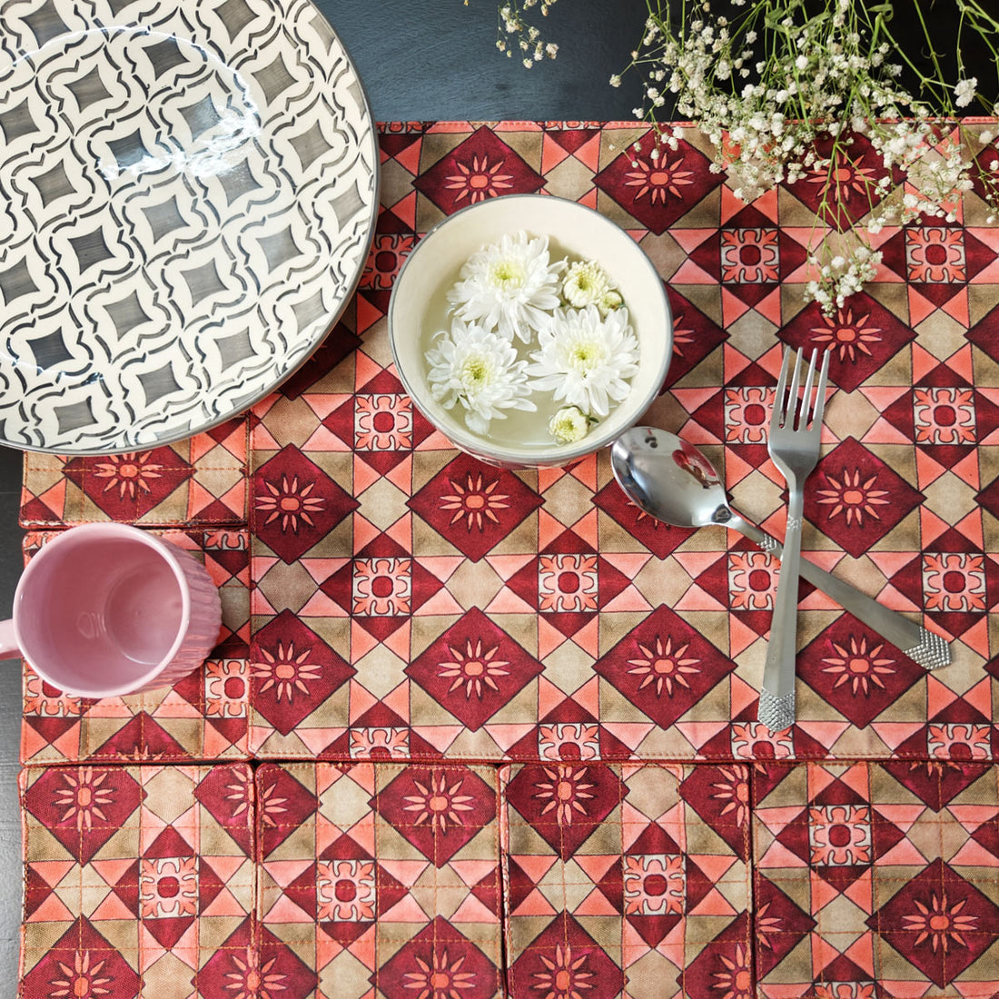 Table Mat-Coaster Set-Maroon Peach Tiles