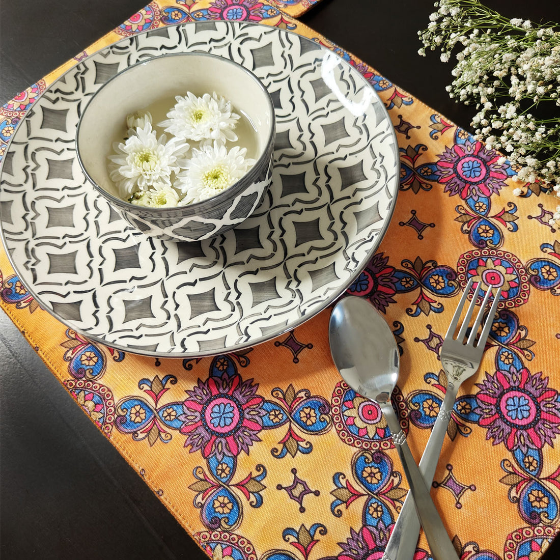 Table Mat-Coaster Set-Mustard Purple Tile