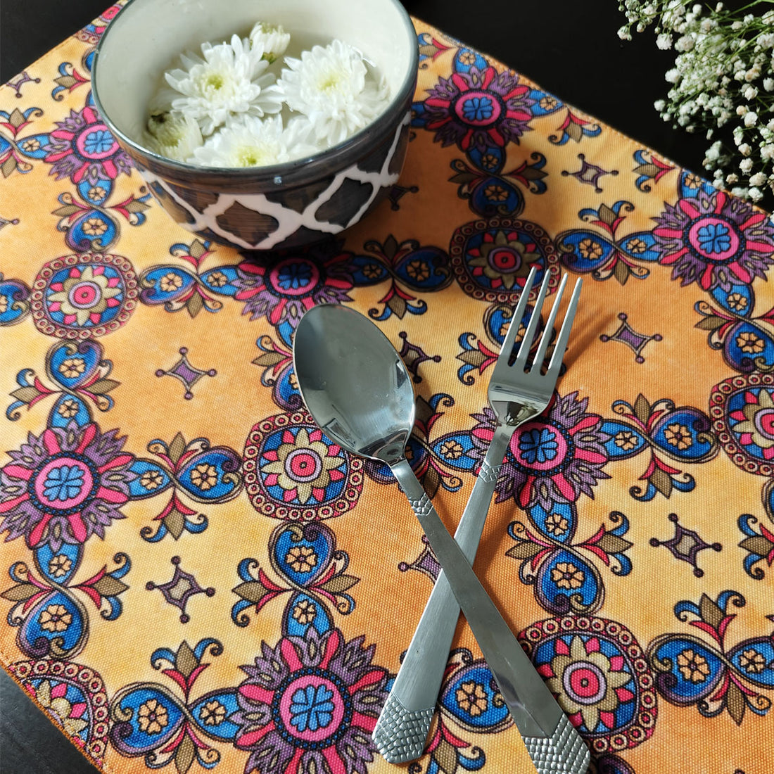 Table Mat-Coaster Set-Mustard Purple Tile