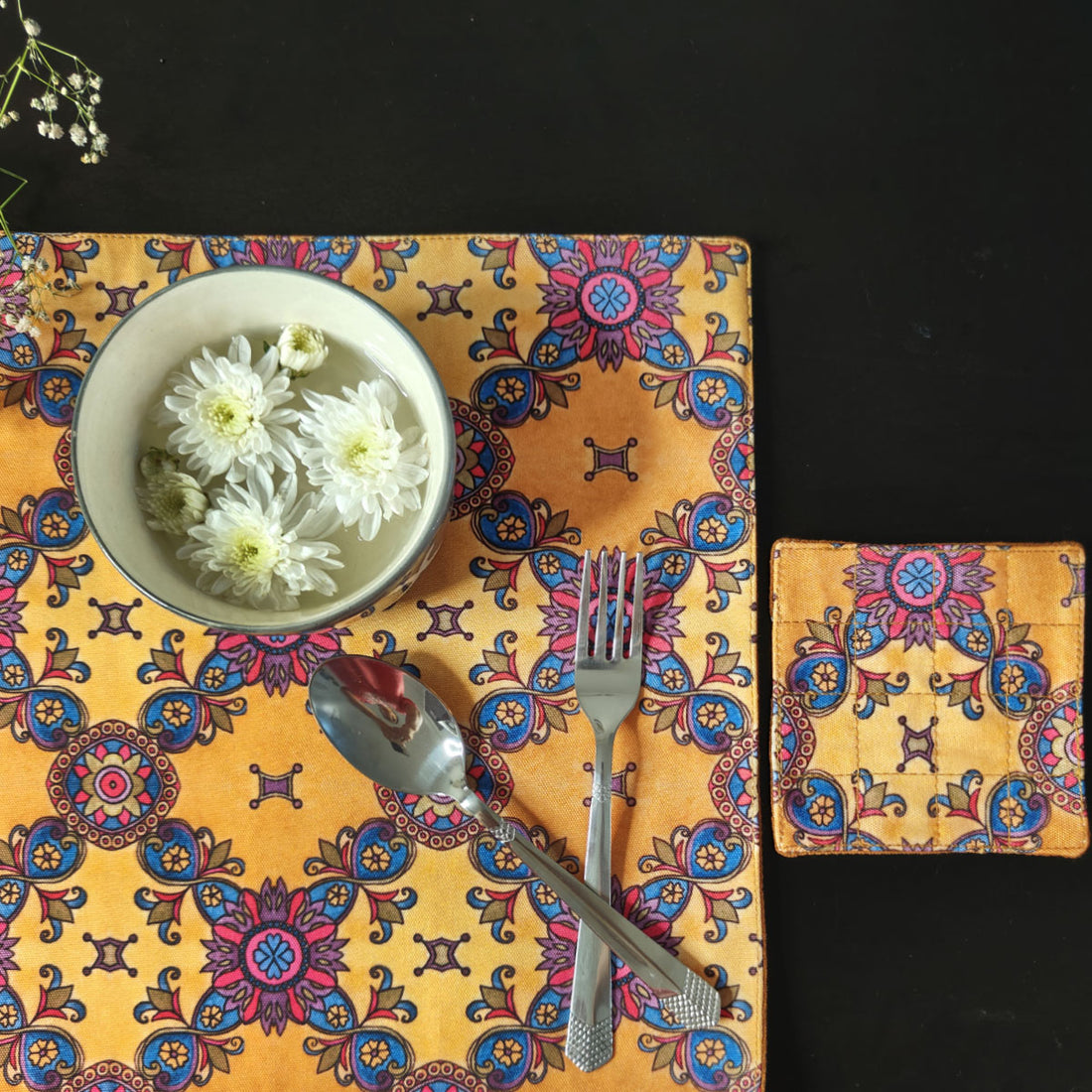 Table Mat-Coaster Set-Mustard Purple Tile
