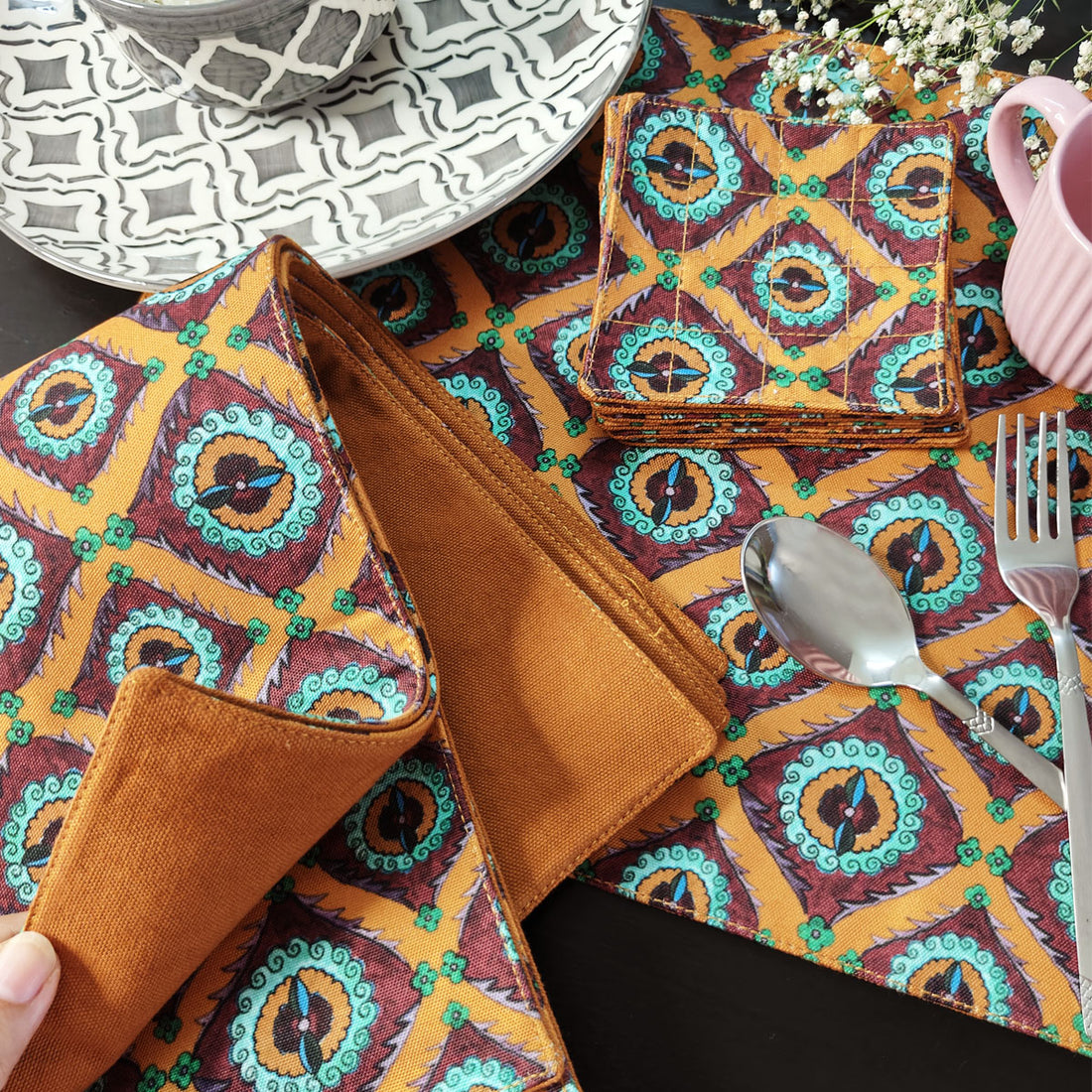 Table Mat-Coaster Set-Orange Suzani