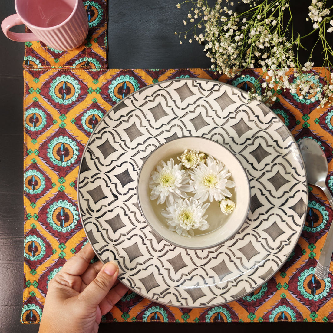 Table Mat-Coaster Set-Orange Suzani