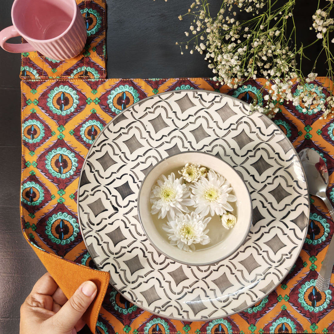 Table Mat-Coaster Set-Orange Suzani