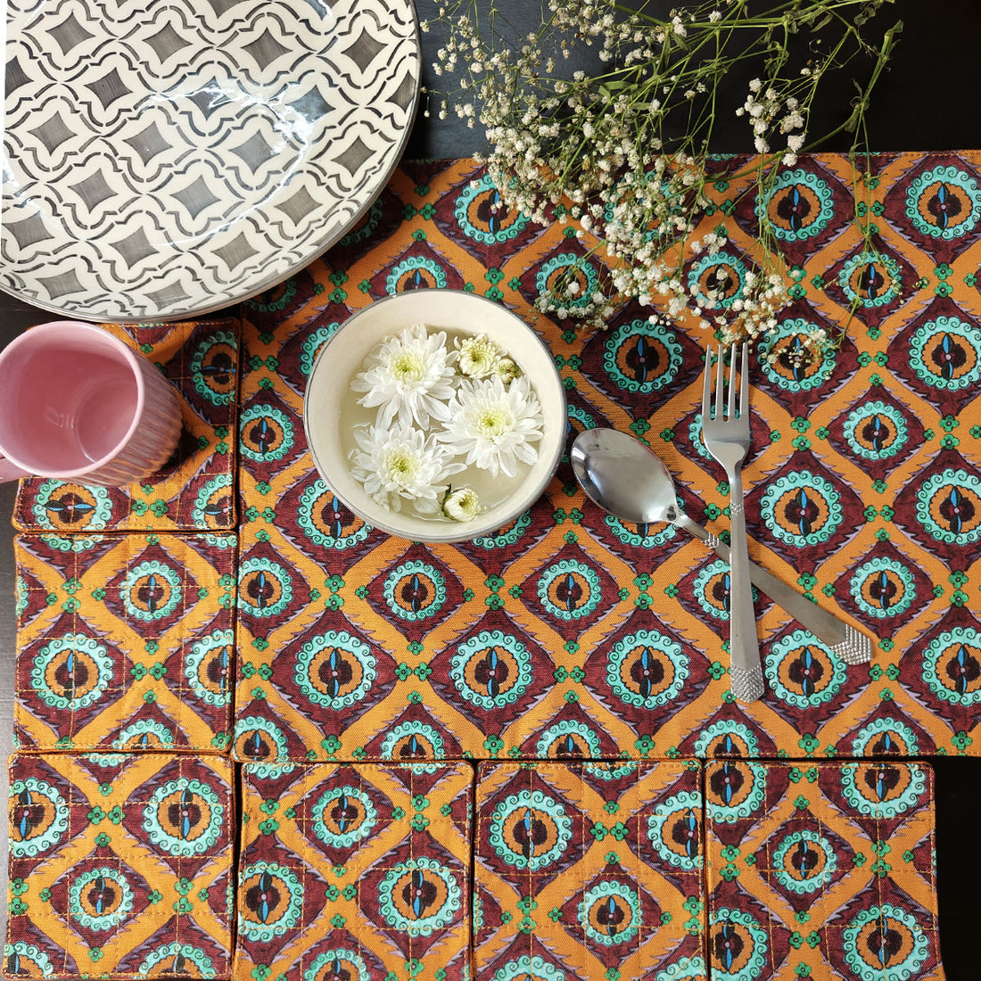 Table Mat-Coaster Set-Orange Suzani
