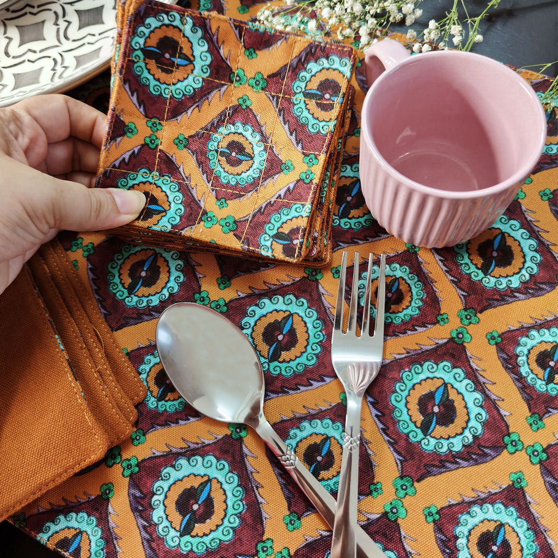 Table Mat-Coaster Set-Orange Suzani