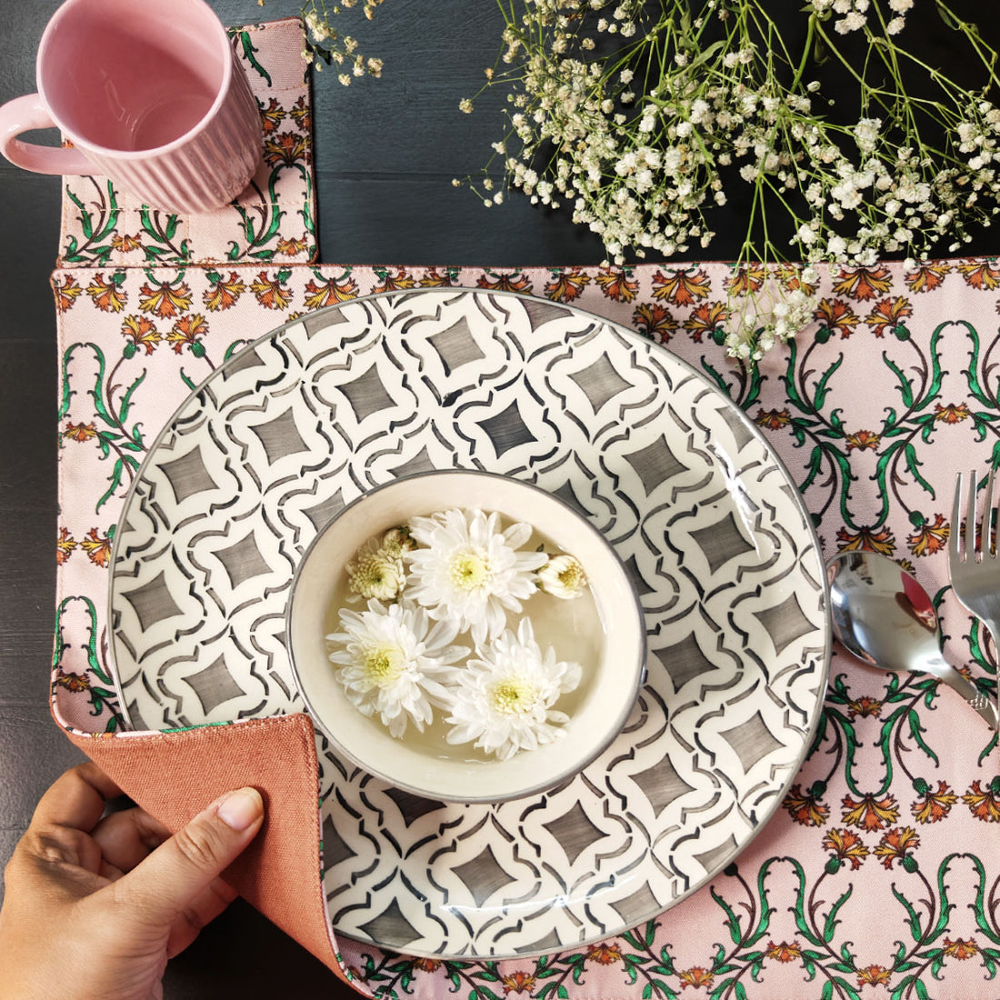 Table Mat-Coaster Set-Peach Persian Garden