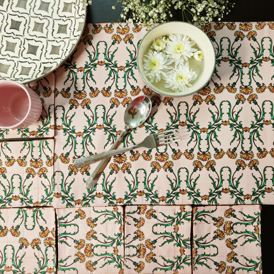 Table Mat-Coaster Set-Peach Persian Garden