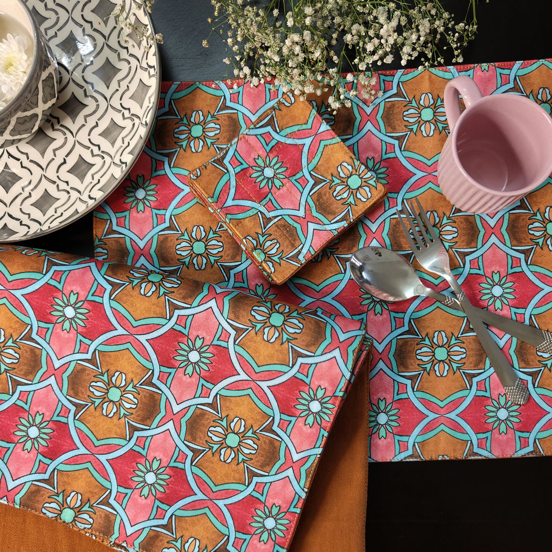 Table Mat-Coaster Set-Pink Tile