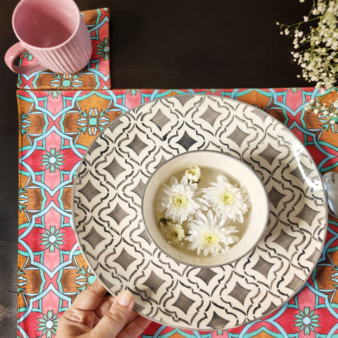 Table Mat-Coaster Set-Pink Tile