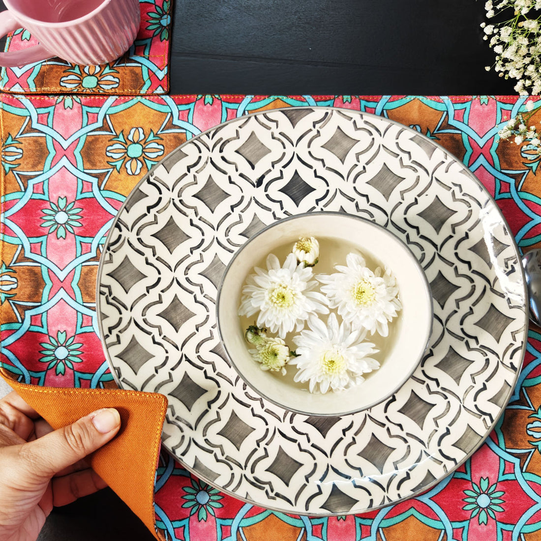 Table Mat-Coaster Set-Pink Tile