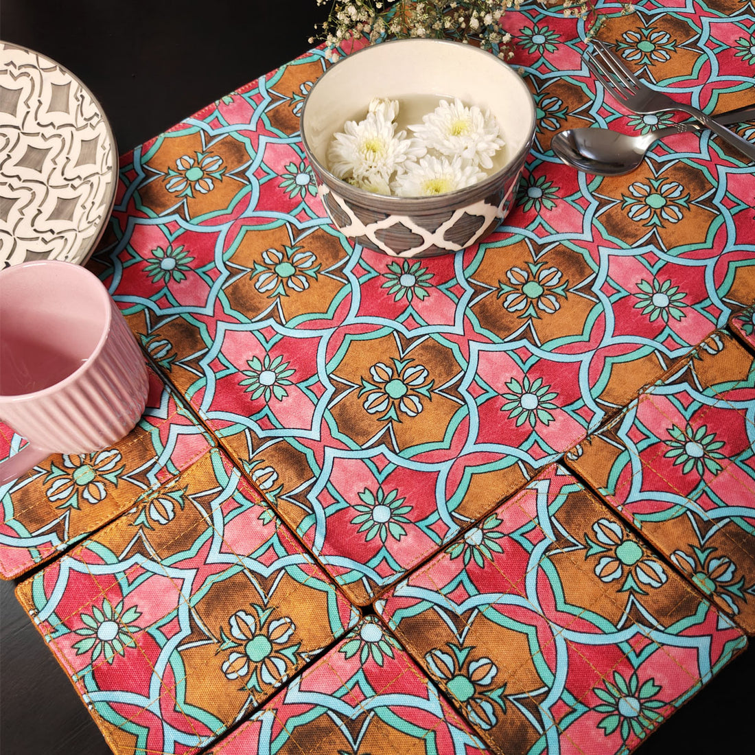 Table Mat-Coaster Set-Pink Tile