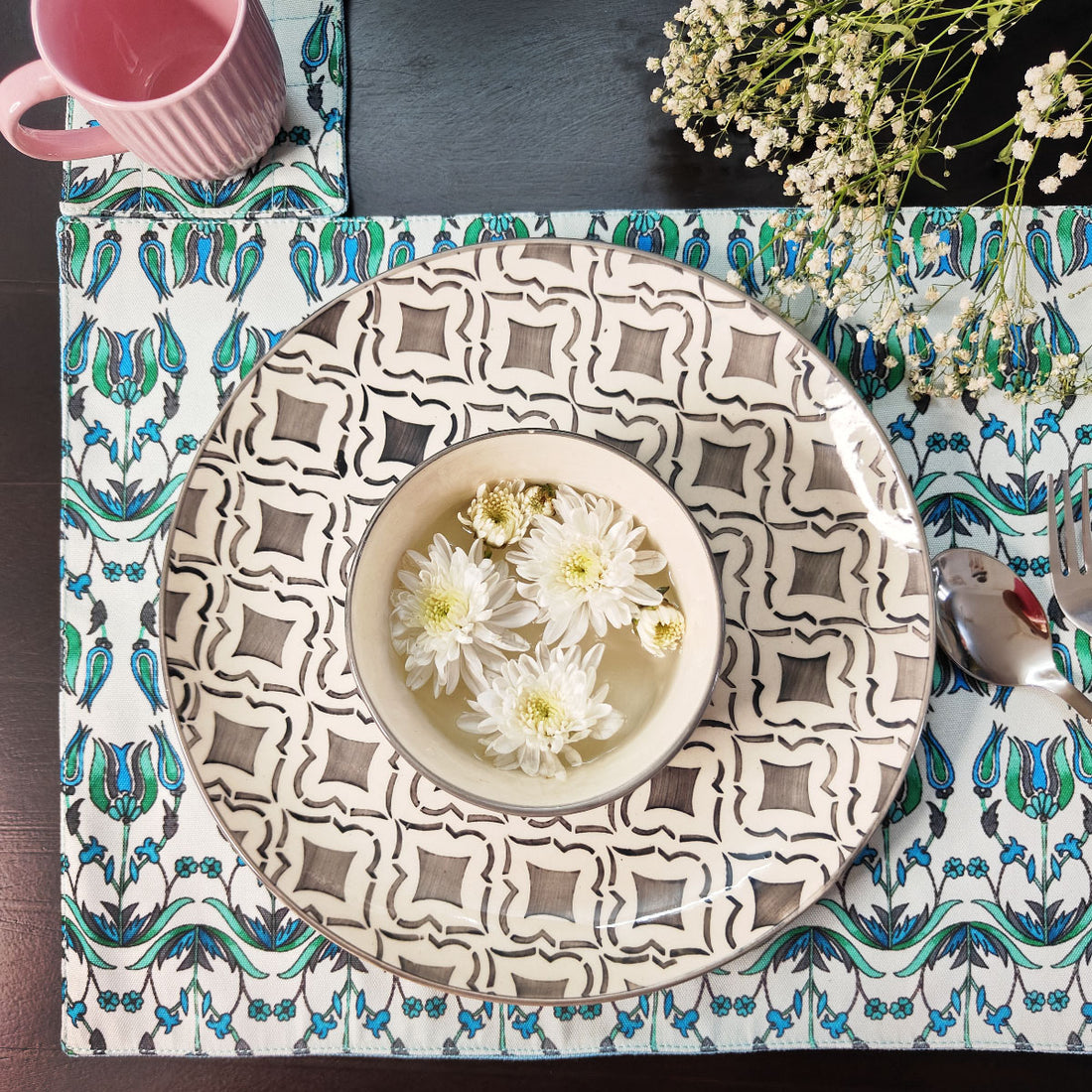 Table Mat-Coaster Set- Sea Green Persian
